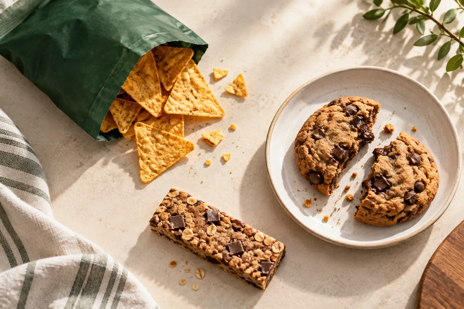 Chips, a cookie and a bar arranged on a table; AI-generated illustration