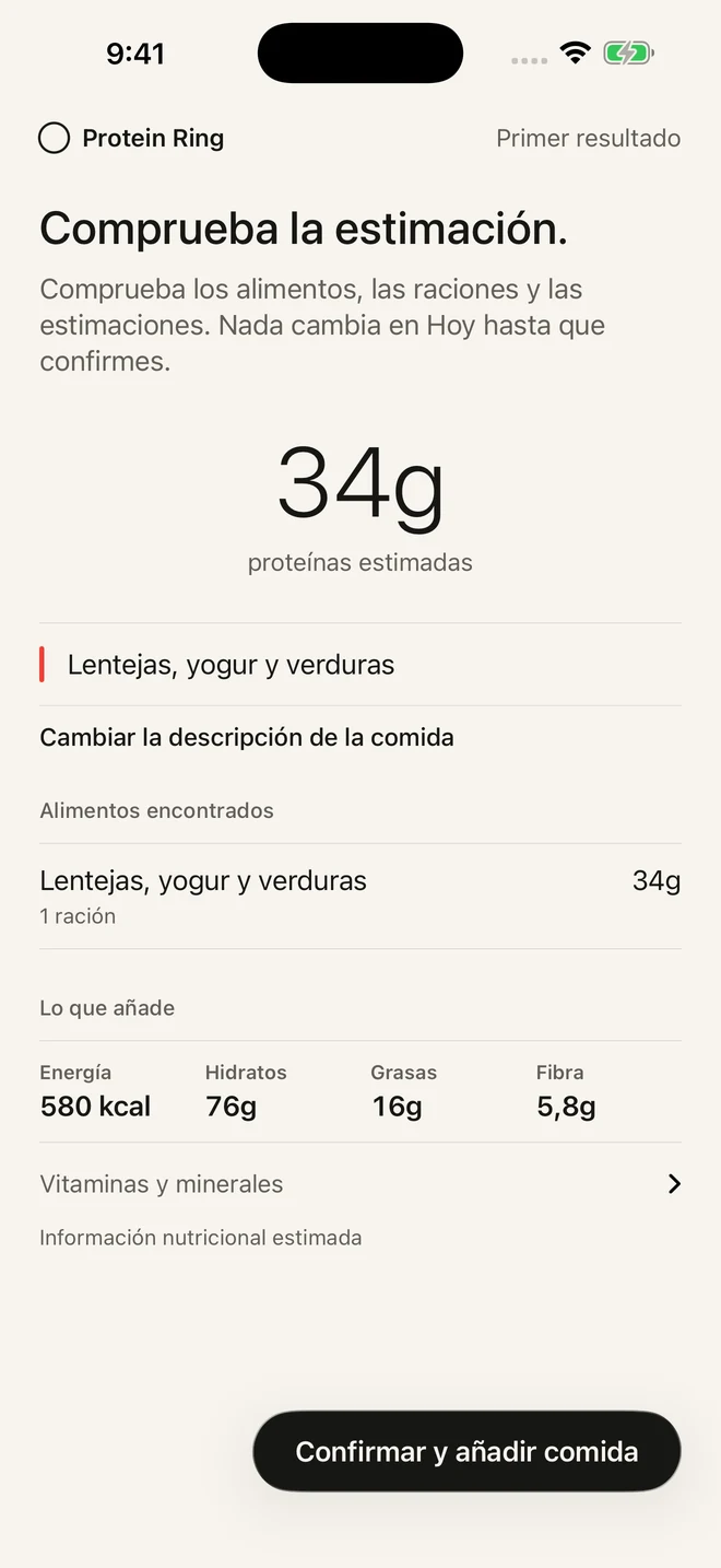 Pantalla de revisión de comidas de Protein Ring