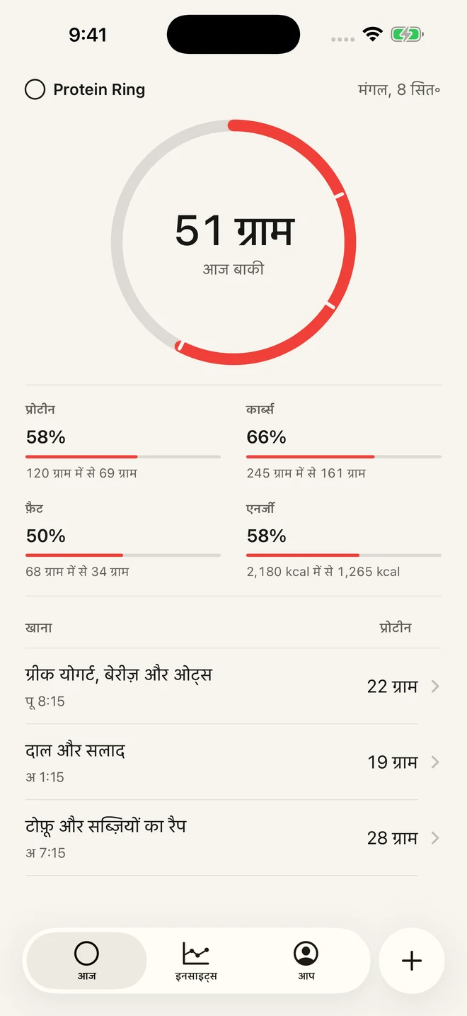 Protein Ring की आज की स्क्रीन, जिसमें प्रोटीन रिंग और उदाहरण के खाने दिख रहे हैं